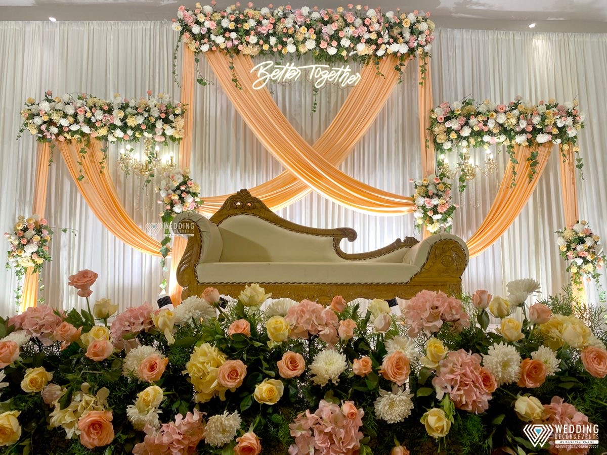 Peach Floral Arch Neon Engagement Stage