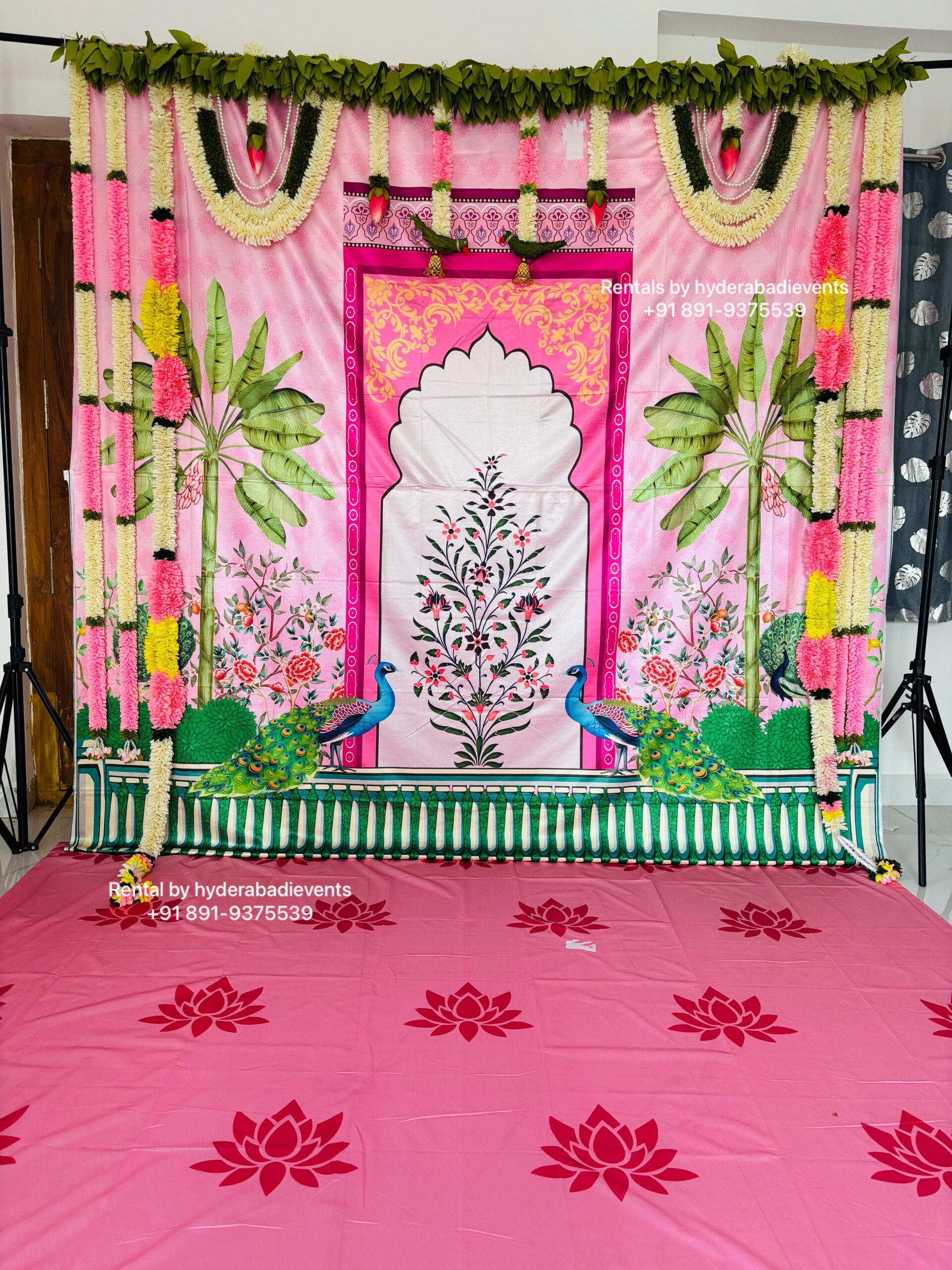 Royal Pink Peacock Traditional Backdrop Rental Hyderabad