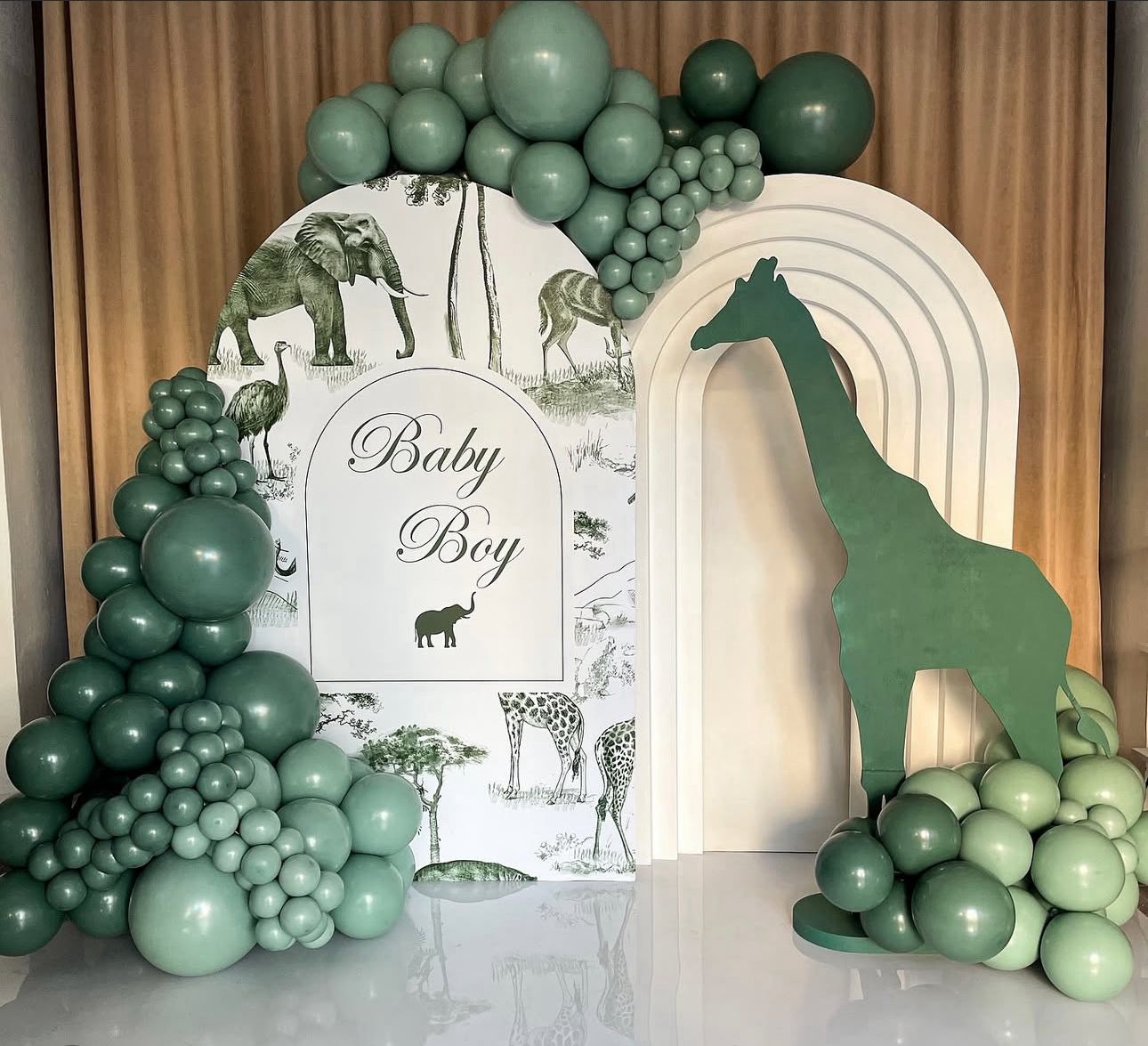 Safari Baby Boy Birthday Decoration with Green Balloons, Giraffe Cutout & Jungle Backdrop