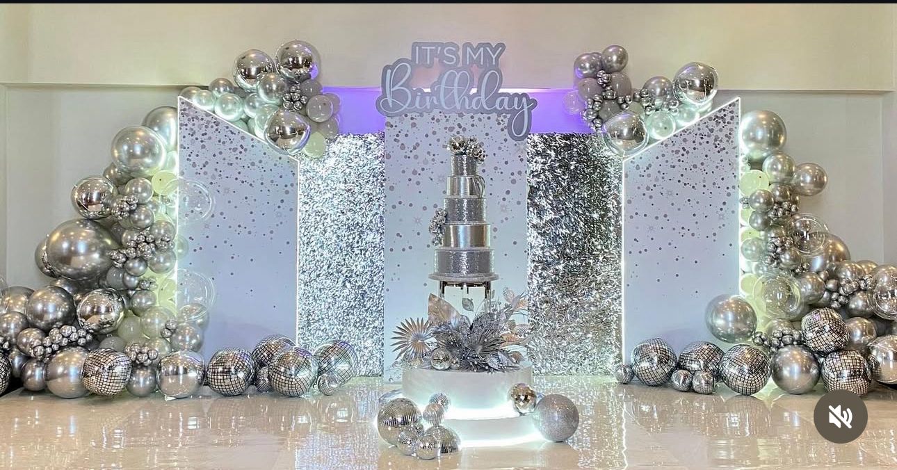 Silver Glam Birthday Decoration Setup – Elegant & Luxurious Party Décor