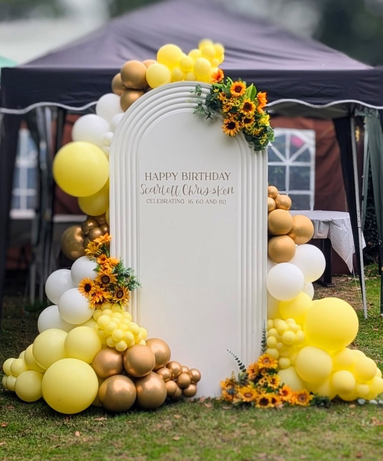 Sunflower-Themed Birthday Backdrop with Yellow & Gold Balloon Garland