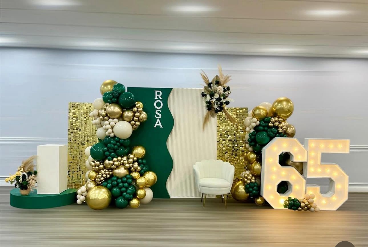 Elegant Birthday Party Backdrop – Green, Gold & White Balloon Display