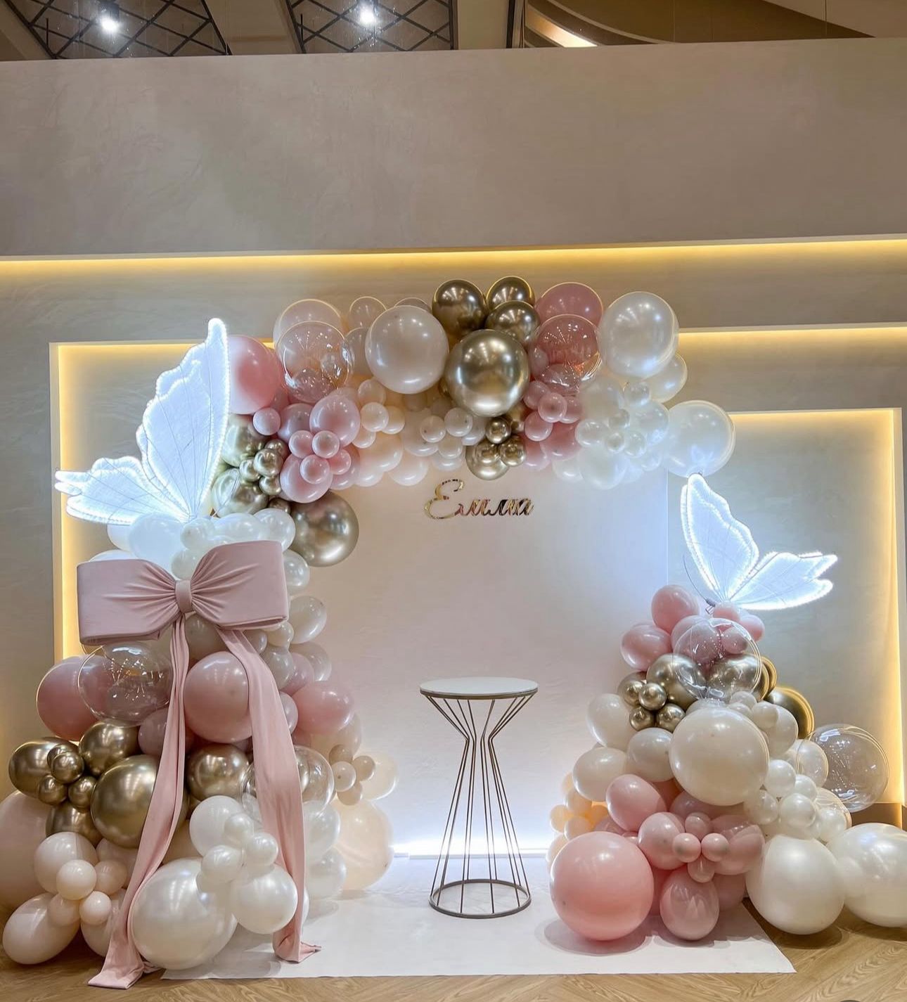 Elegant Butterfly Birthday Decoration with Pastel Balloons, Glowing Wings & Luxe Accents