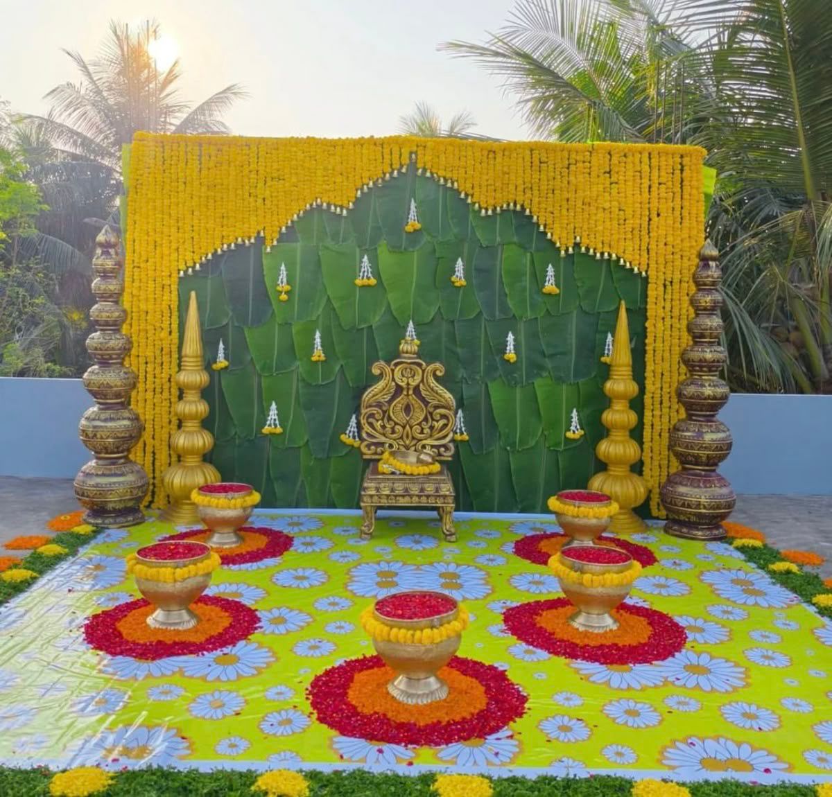 Traditional Banana Leaf & Marigold Half Arch Sreemantham Decoration