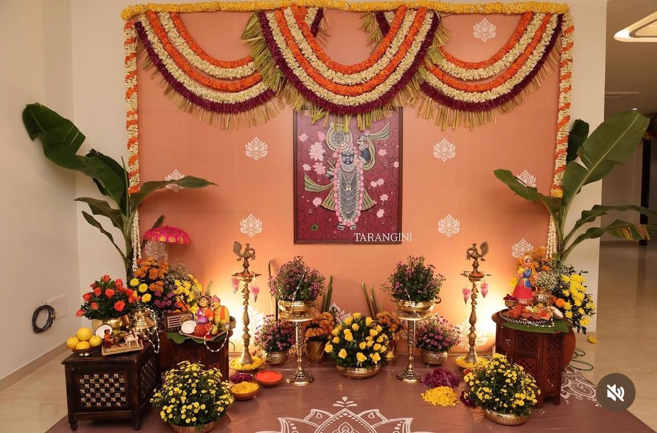 Peach and Marigold Traditional Pooja Stage Decoration