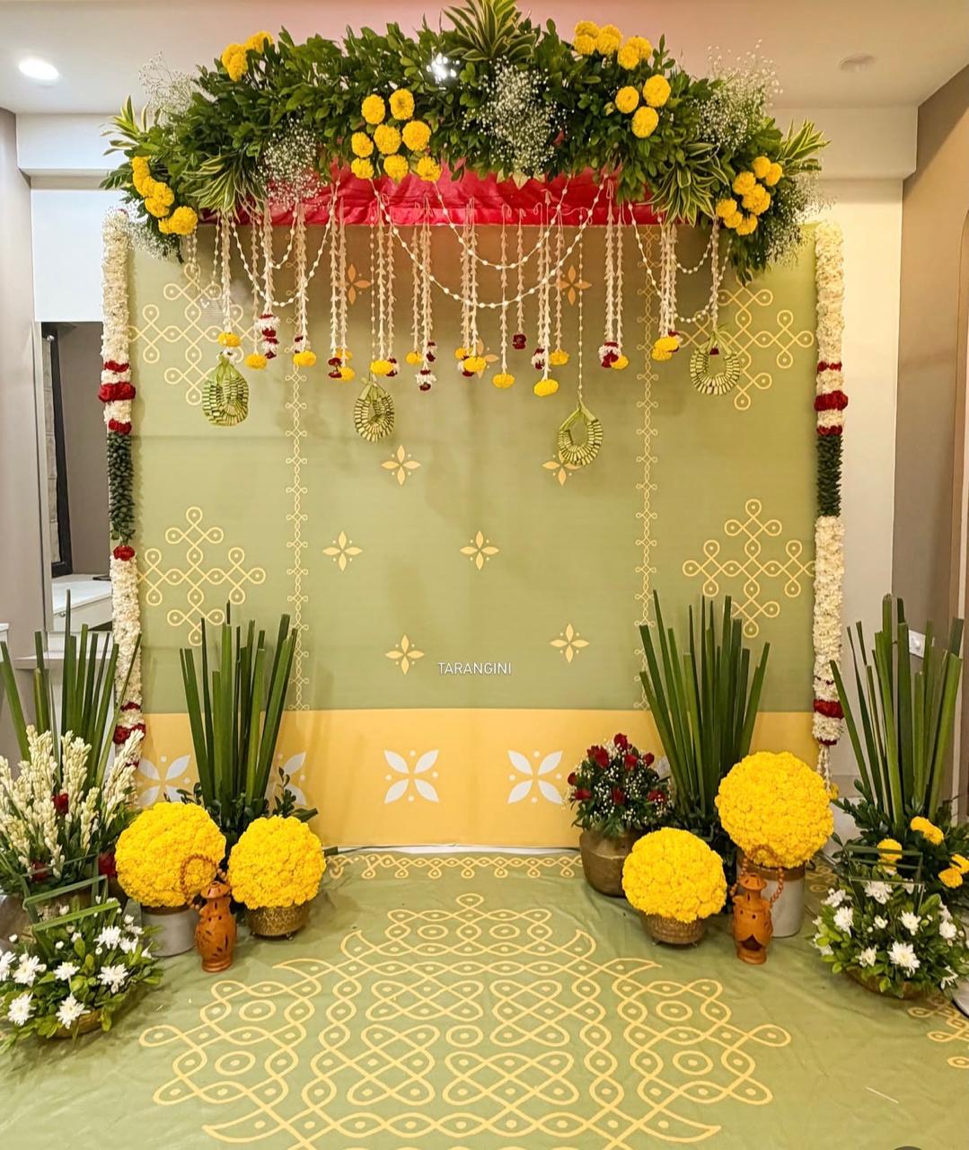 Green and Yellow Traditional Floral Pooja Stage